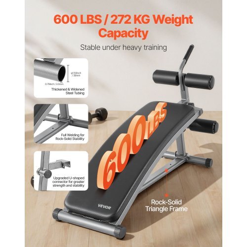 Sit Up Bench, Curved Decline Ab Bench with Reverse Crunch Handle, with 6 Adjustable Height Setting, Heavy Duty Steel, 600 Lbs Capacity for Home Gym Workouts, Strength Training, Full Body Muscles
