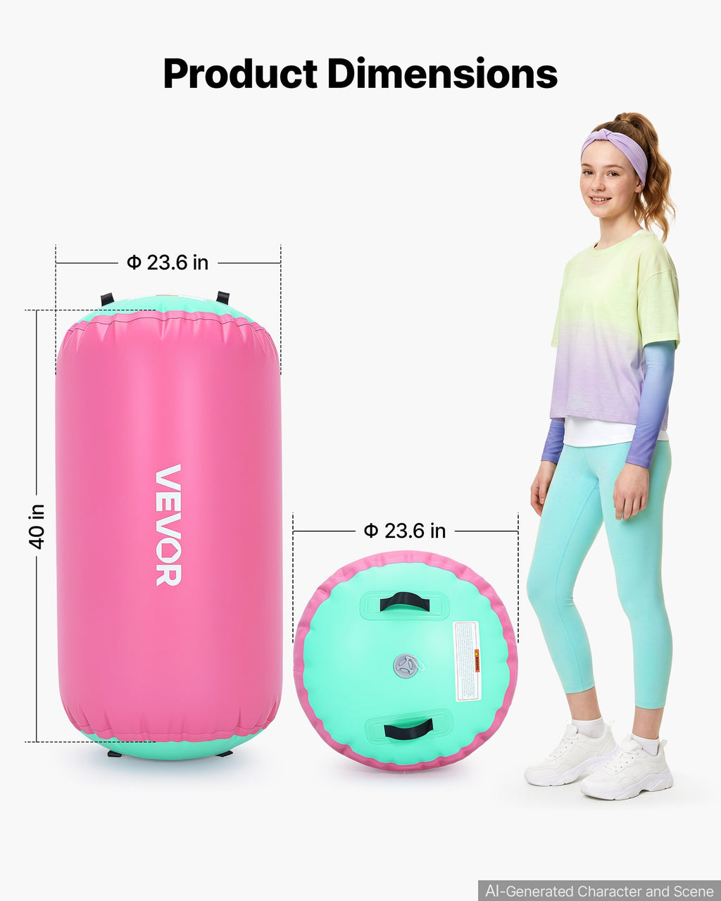 Gymnastics Barrel Air Roller 23.6x40 in Inflatable Tumbling Air Mat, Octagon Tumbler Trainer with Electric Pump, Equipment for Back Handspring Training/Home Use/Gym/Yoga/Cheerleading, Pink