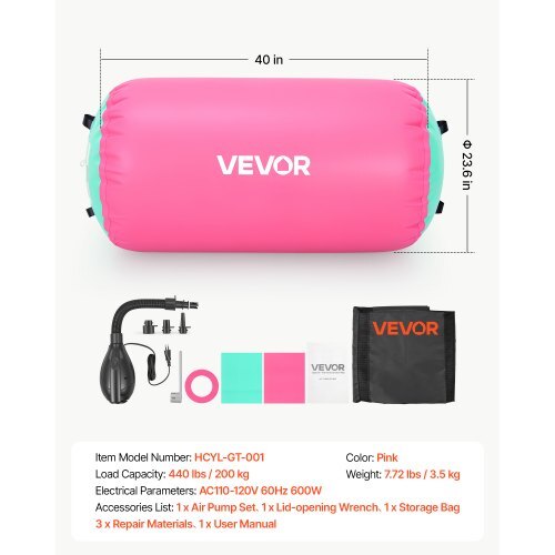 Gymnastics Barrel Air Roller 23.6x40 in Inflatable Tumbling Air Mat, Octagon Tumbler Trainer with Electric Pump, Equipment for Back Handspring Training/Home Use/Gym/Yoga/Cheerleading, Pink