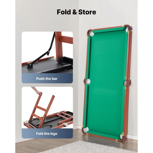Folding Pool Table, 4.5 ft Portable Billiards Tables, Foldable Space-Saving Entertainment Game Set Includes Ball, Cue, Rack, Chalk, Brush, Brown with Bule Cloth, for Family Use, Recreation Room