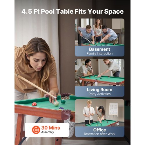 Folding Pool Table, 4.5 ft Portable Billiards Tables, Foldable Space-Saving Entertainment Game Set Includes Ball, Cue, Rack, Chalk, Brush, Brown with Bule Cloth, for Family Use, Recreation Room
