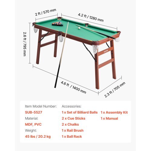 Folding Pool Table, 4.5 ft Portable Billiards Tables, Foldable Space-Saving Entertainment Game Set Includes Ball, Cue, Rack, Chalk, Brush, Brown with Bule Cloth, for Family Use, Recreation Room