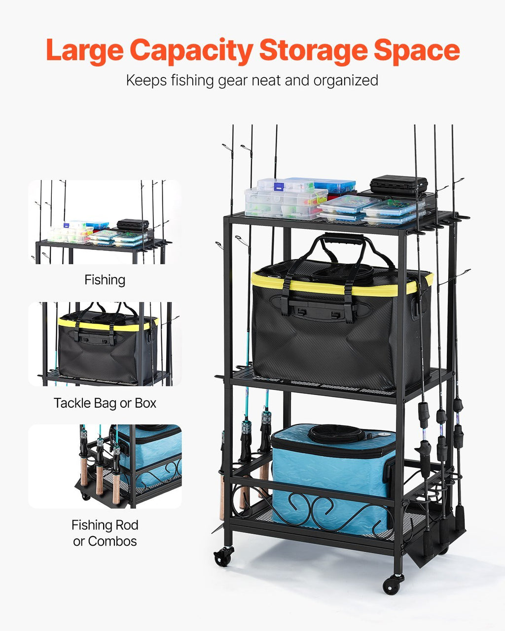 Fishing Rod Holder for 10-Rods, Mobile Fishing Pole Rack Cart with Wheels, Fish Gear Equipment Organizer for Garage Home Indoor Use, for Tackle Box Reel Accessories Storage, Gifts for Men