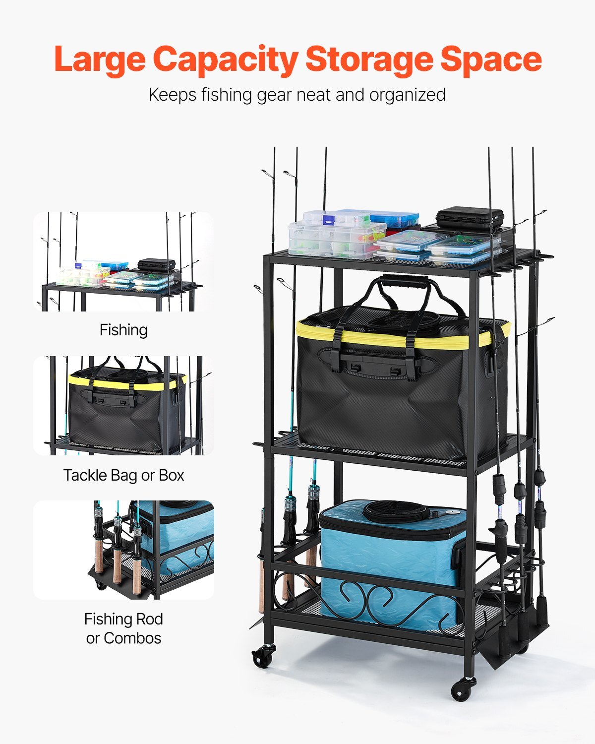 Fishing Rod Holder for 10-Rods, Mobile Fishing Pole Rack Cart with Wheels, Fish Gear Equipment Organizer for Garage Home Indoor Use, for Tackle Box Reel Accessories Storage, Gifts for Men