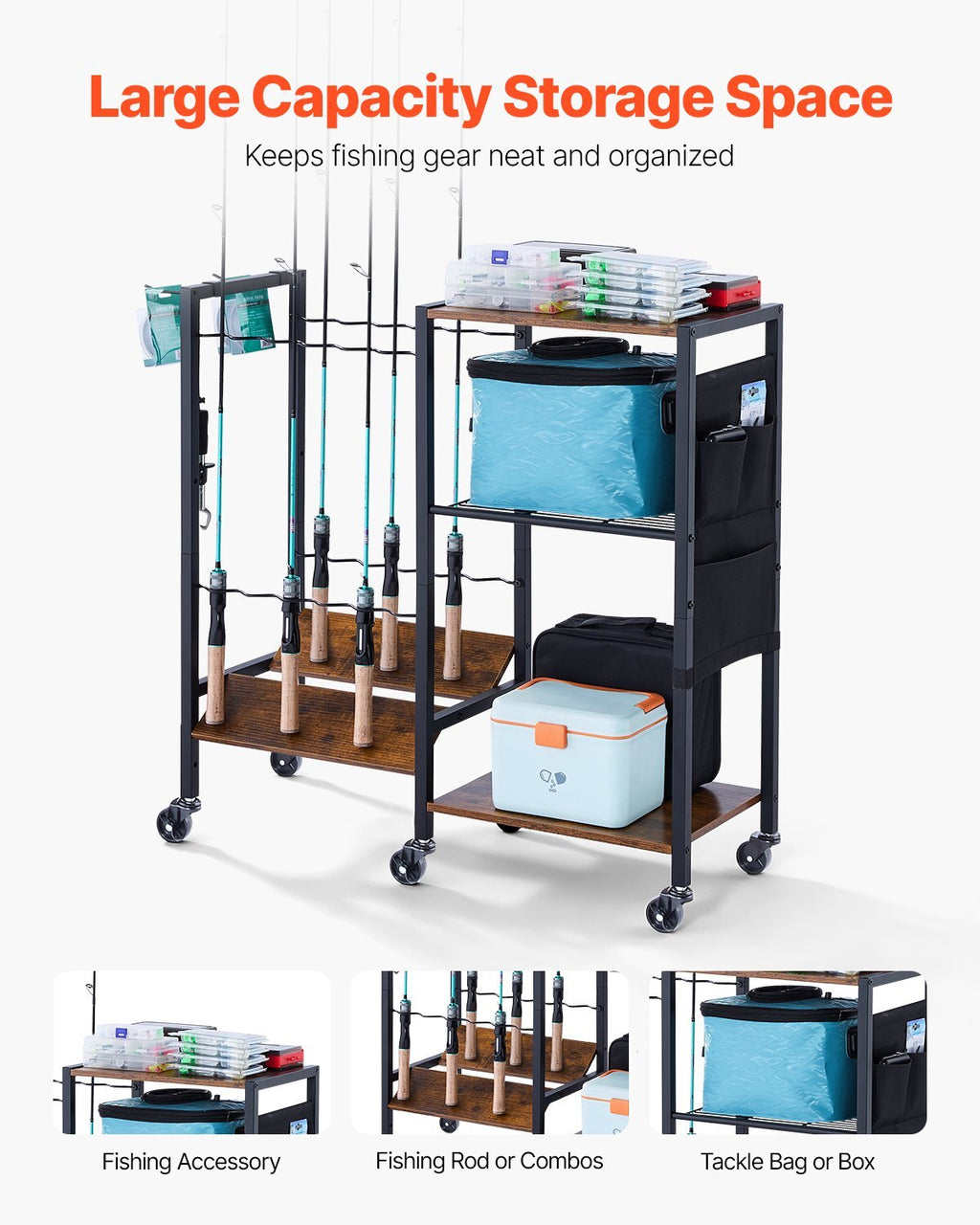 Fishing Rod Holder for 12-Rods, Mobile Fishing Pole Rack Cart with Wheels, Fish Gear Equipment Organizer for Garage Home Indoor Use, for Tackle Box Reel Accessories Storage, Gifts for Men