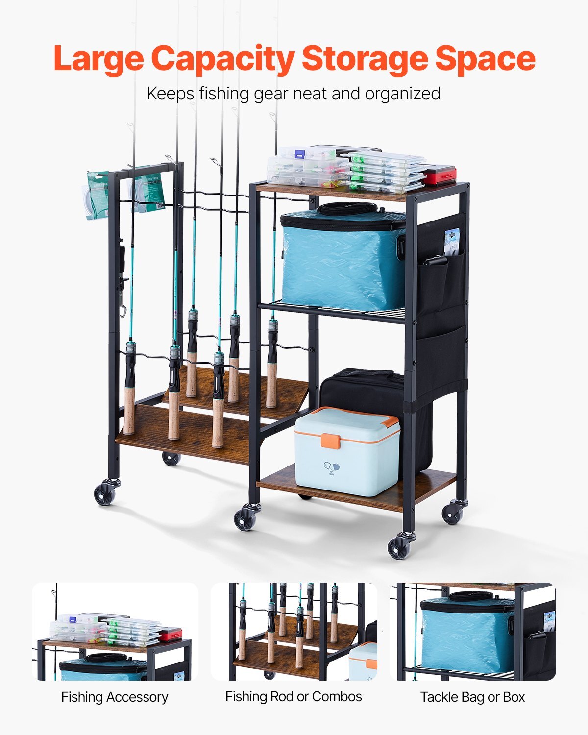 Fishing Rod Holder for 12-Rods, Mobile Fishing Pole Rack Cart with Wheels, Fish Gear Equipment Organizer for Garage Home Indoor Use, for Tackle Box Reel Accessories Storage, Gifts for Men