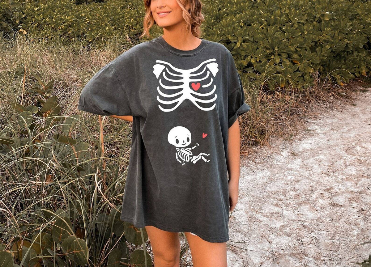 Pregnant Halloween Skeleton Shirt Tshirt Tee Costume Maternity Baby Halloween Shirt Women's Shirt Comfort Colors