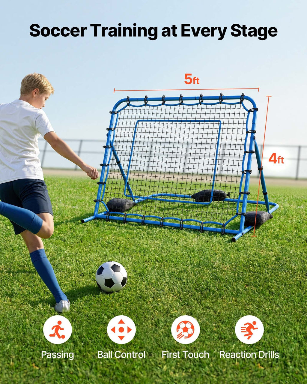 Soccer Rebounder Net, Quick-Switch Angle Soccer Goal Rebounder for Control, Passing Practice, Heavy-Duty Iron Frame & PE Net, Easy Setup Ball Training Aids & Equipment for Teens&Adults,5 x 4 ft
