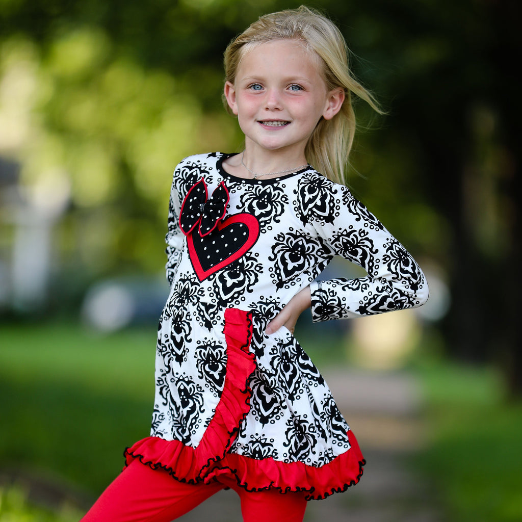 AnnLoren Girls Winter Damask Valentine's Heart Holiday Dress Tunic & Leggings Set-2