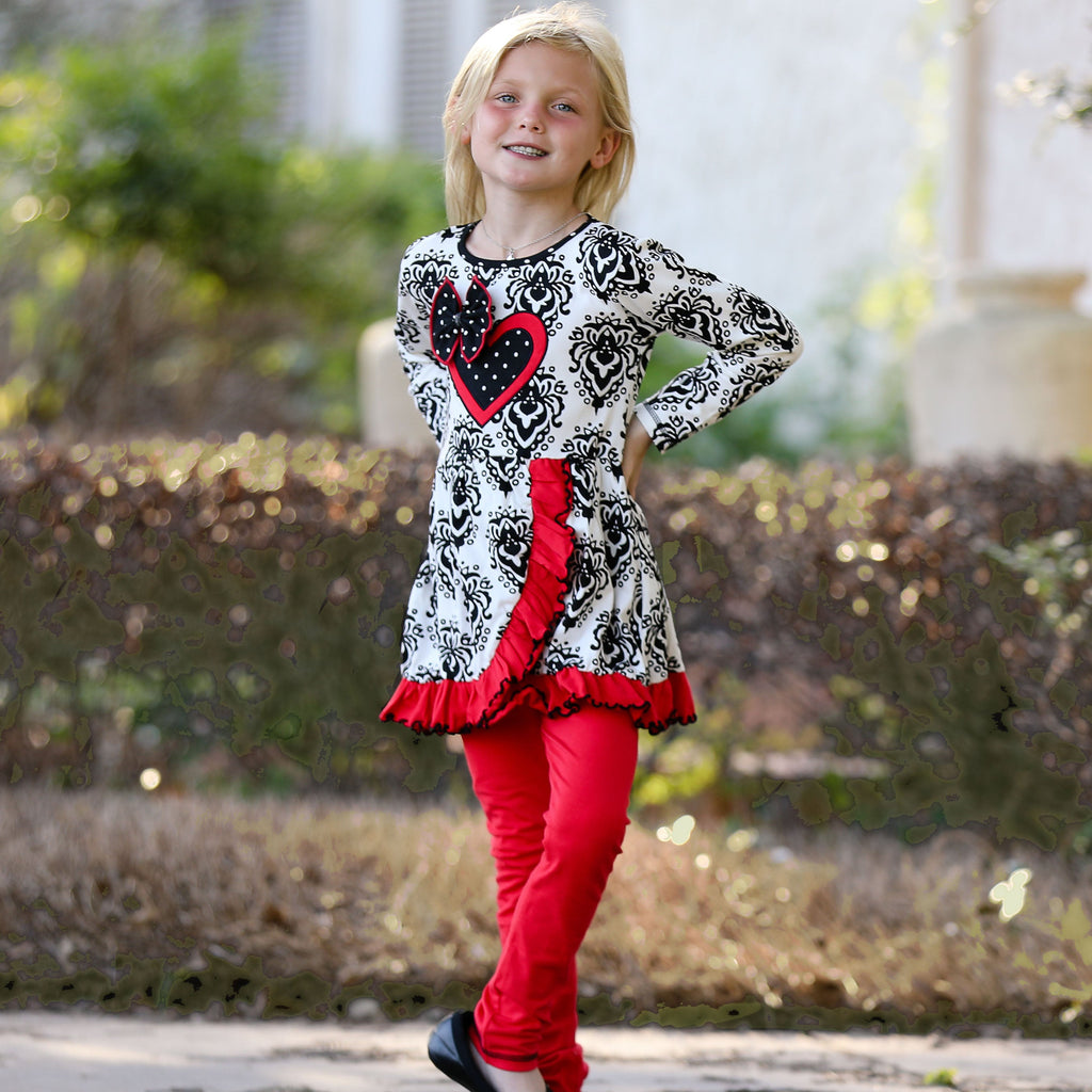AnnLoren Girls Winter Damask Valentine's Heart Holiday Dress Tunic & Leggings Set-4