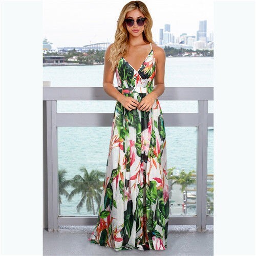 Summer Bohemian Floral Fashion Women Clothing Suspender Long Dress - White and Green