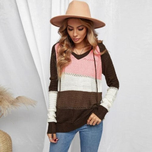 U.S. Fashion Wholesale Clothing Knitted Hooded Sweater Autumn/ Winter Women Top - Brown