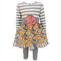AnnLoren Boutique Grey Floral & Striped Dress & Polka Dot Leggings Clothing Set-0
