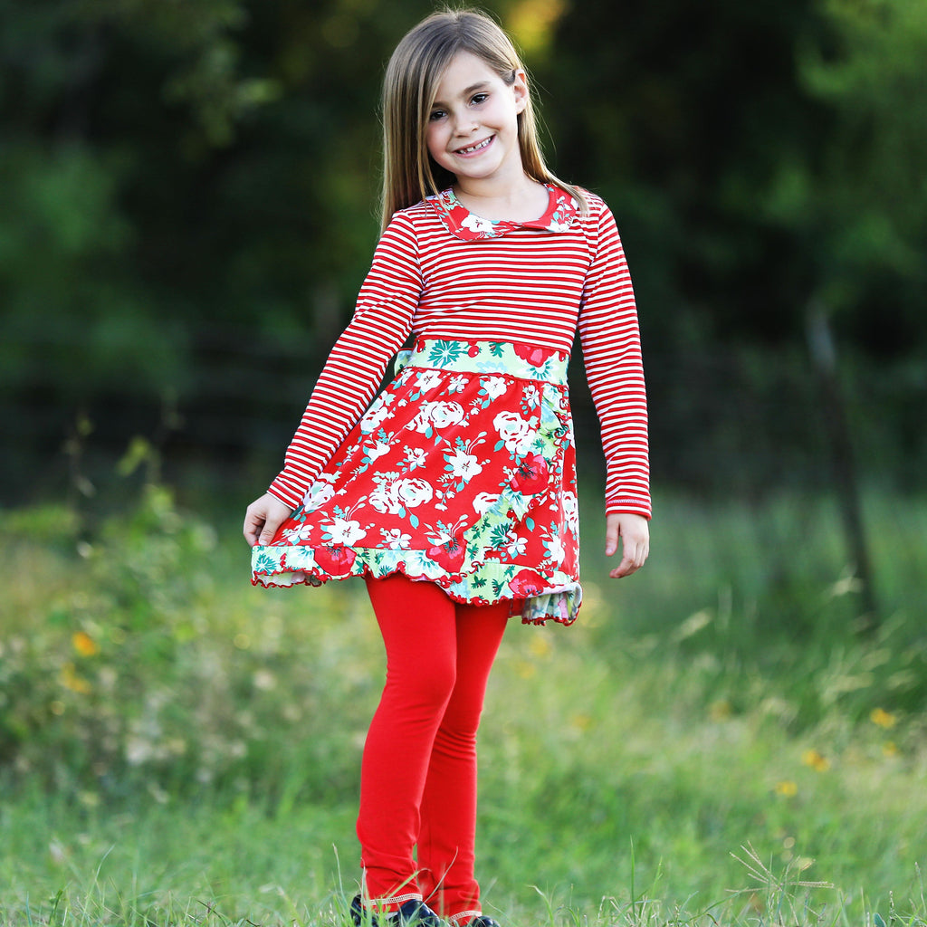 AnnLorenGirls Boutique Red Christmas Floral Holiday Dress Legging Set-2