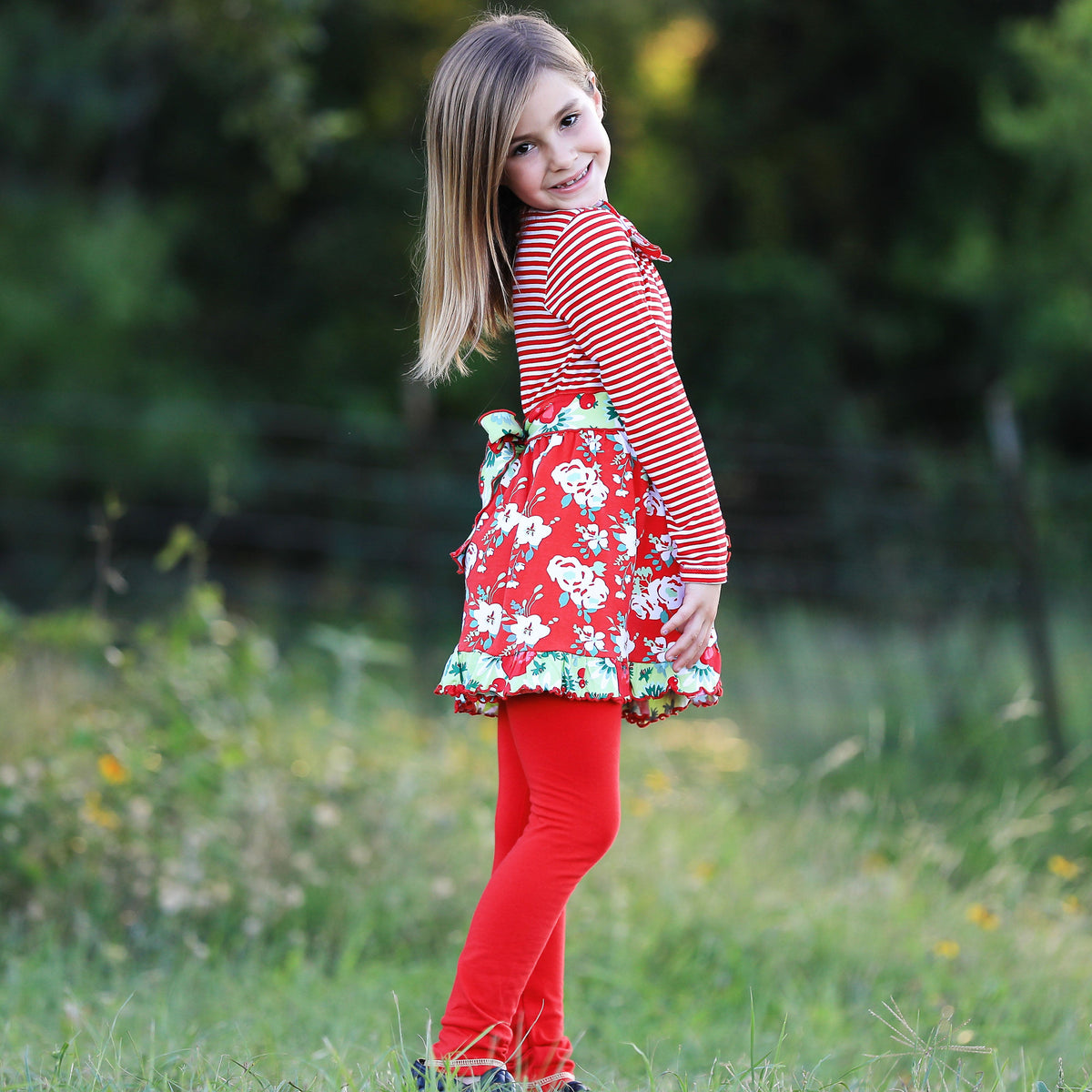 AnnLorenGirls Boutique Red Christmas Floral Holiday Dress Legging Set-3