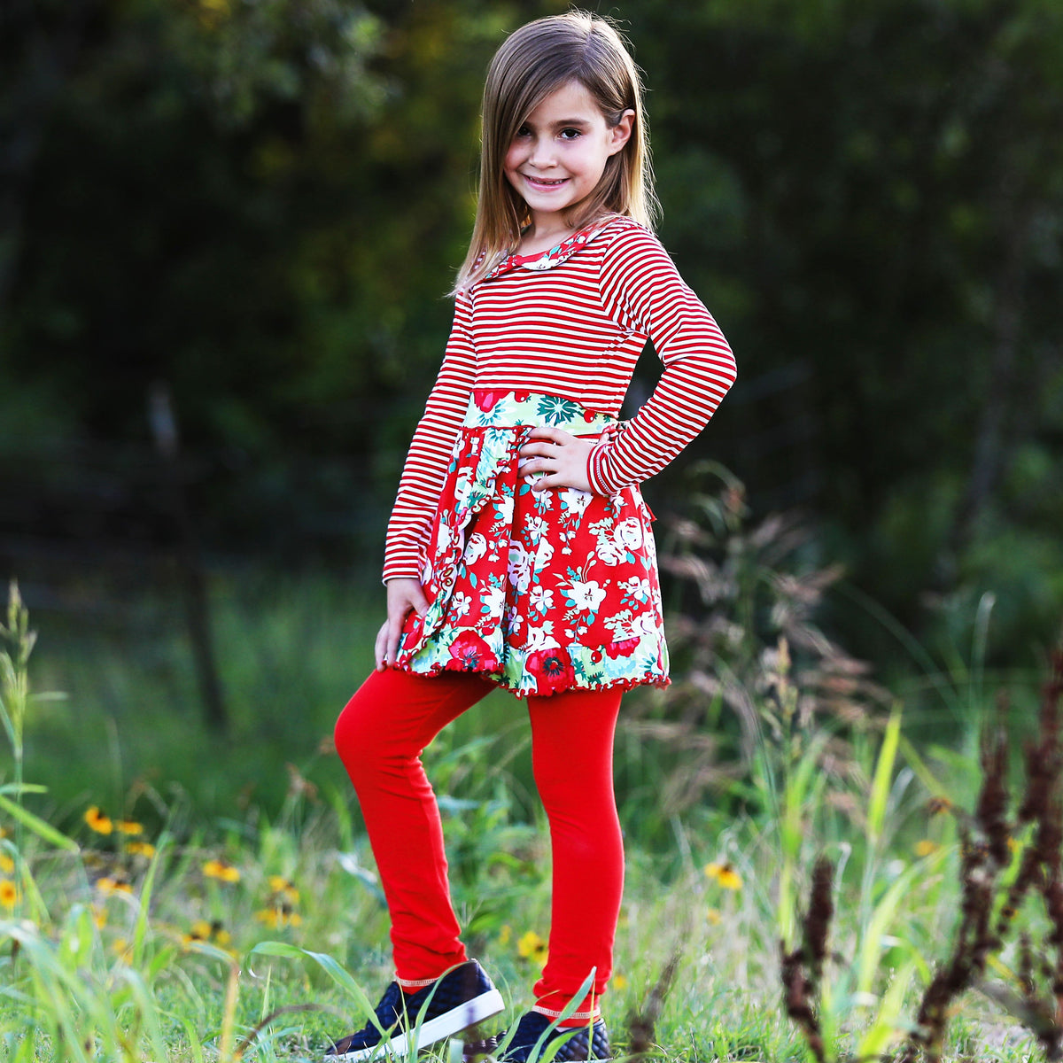 AnnLorenGirls Boutique Red Christmas Floral Holiday Dress Legging Set-4