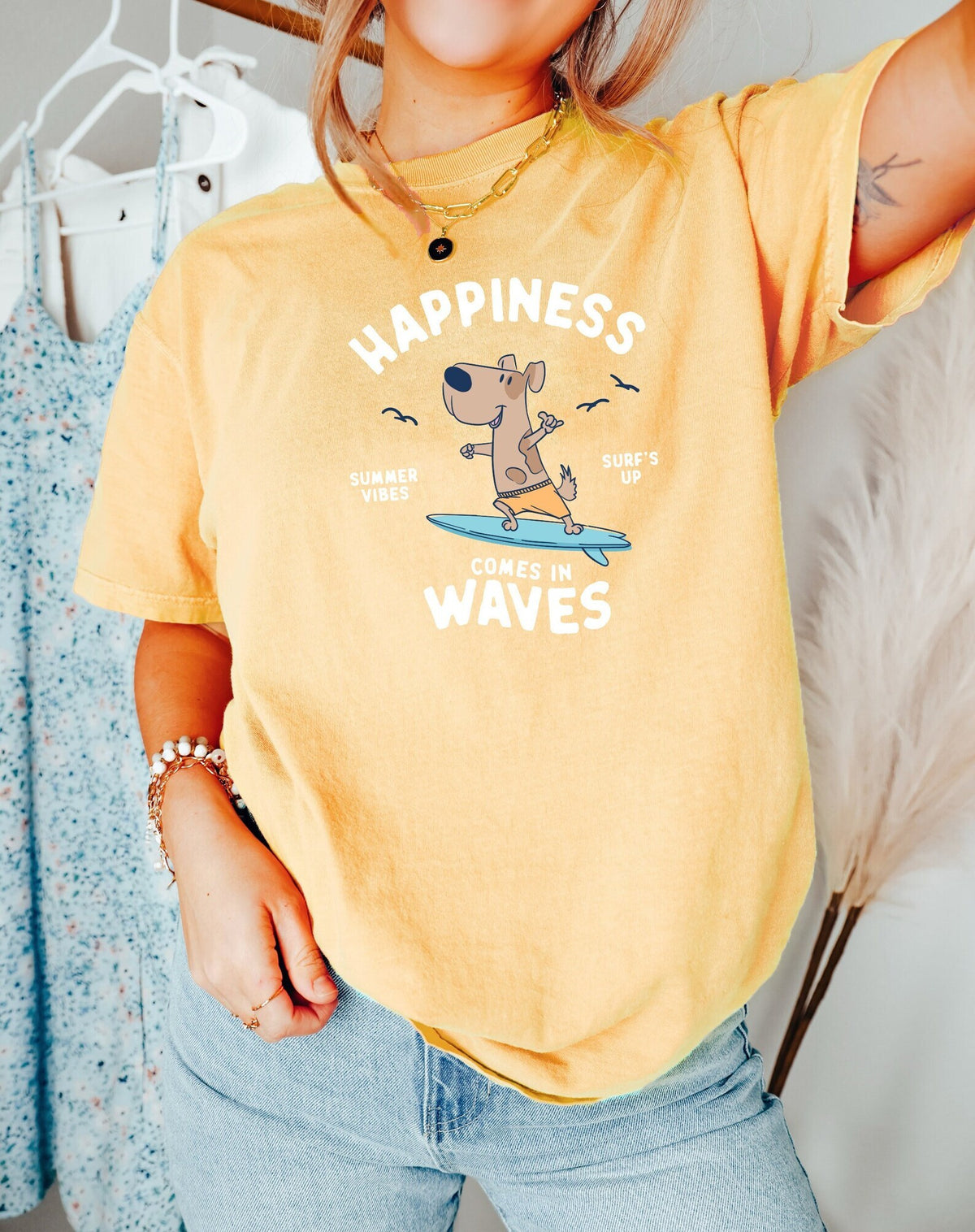 Surfing Tshirt Surf Board Beach Bum Dog Happiness Comes in Waves Beach Summer Shirt Ocean Comfort Colors Oversized T-shirt Shirt Summer Tee